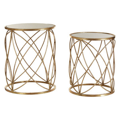 Set of 2 Round Mirrored Glass Top Side Tables with Gold Metal Frame
