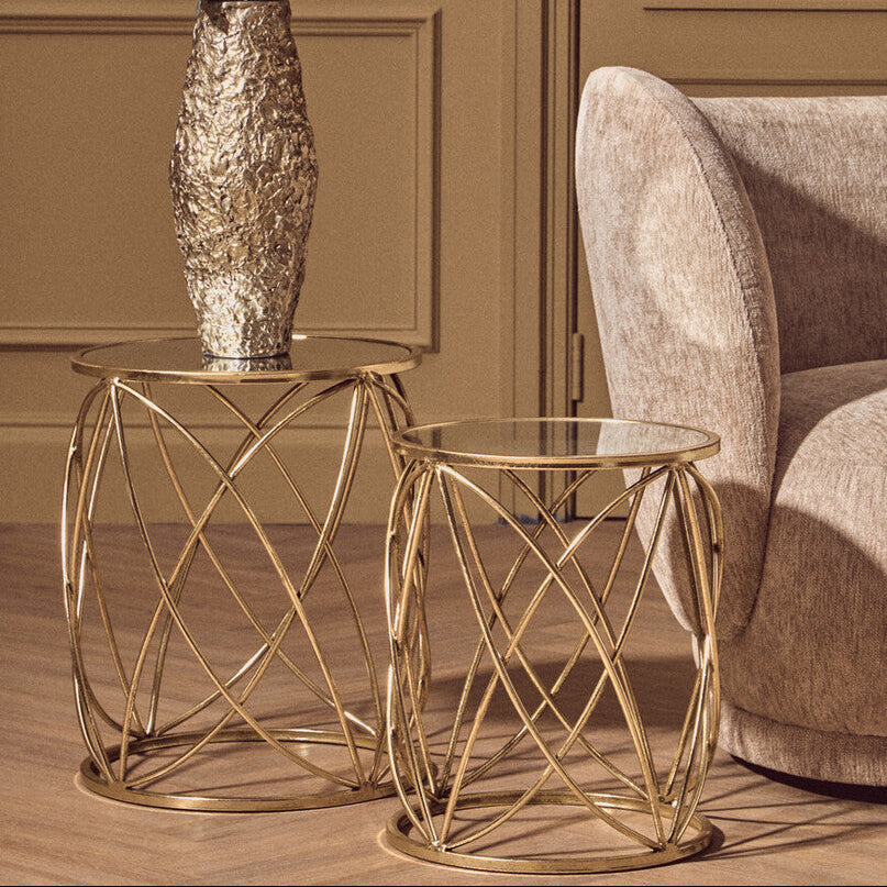 Set of 2 Round Mirrored Glass Top Side Tables with Gold Metal Frame