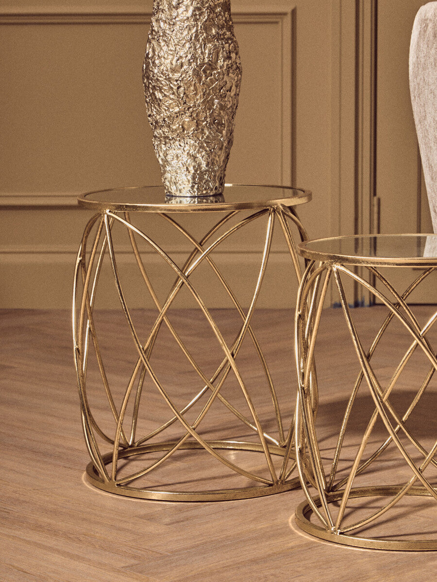 Set of 2 Round Mirrored Glass Top Side Tables with Gold Metal Frame