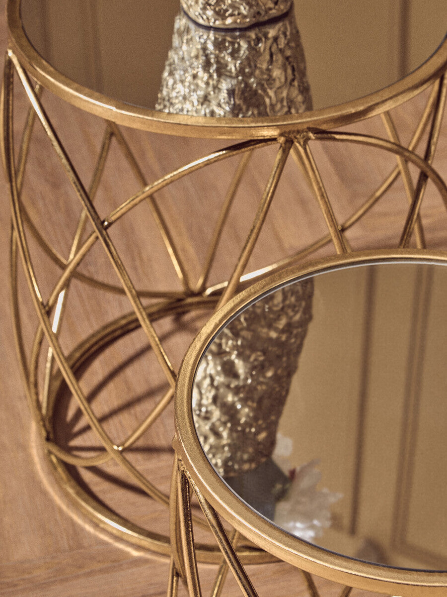 Set of 2 Round Mirrored Glass Top Side Tables with Gold Metal Frame