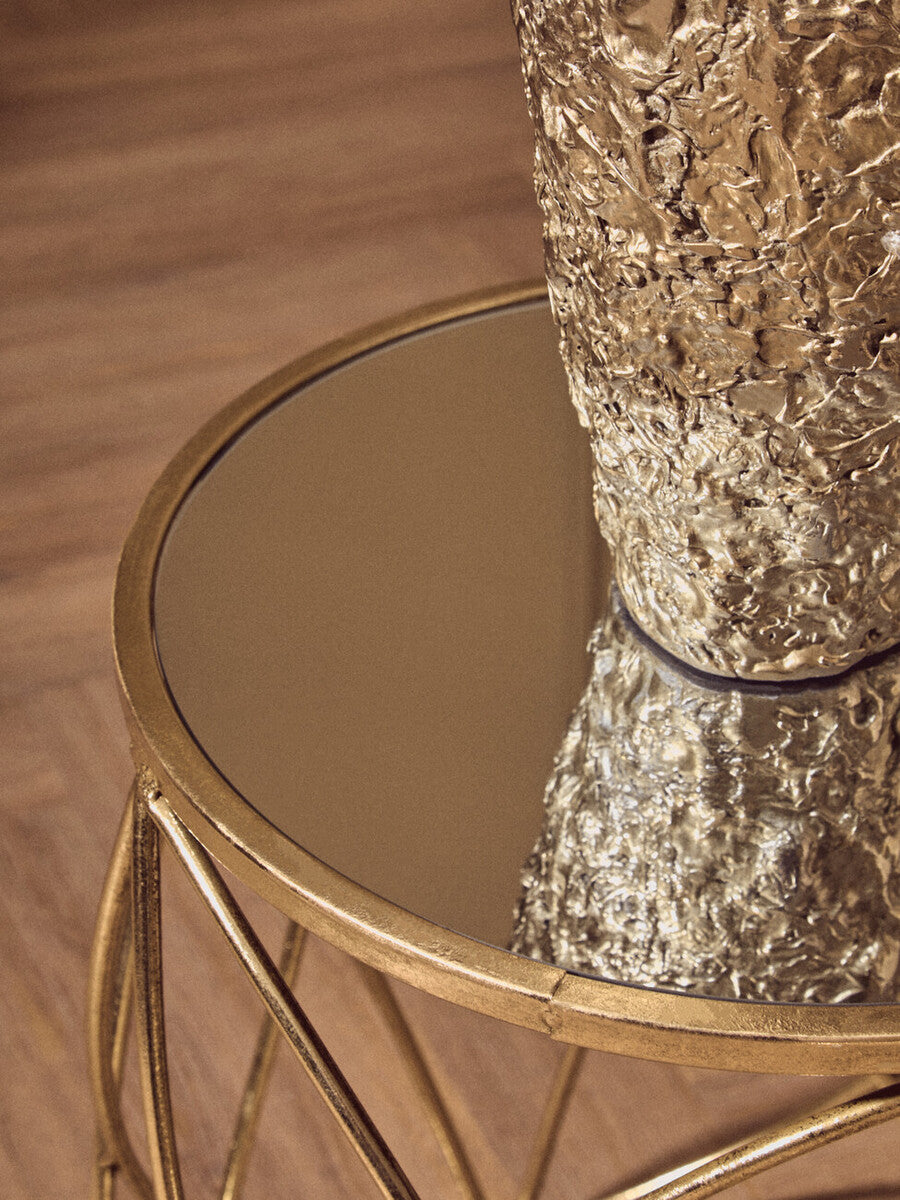 Set of 2 Round Mirrored Glass Top Side Tables with Gold Metal Frame