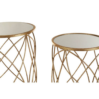 Set of 2 Round Mirrored Glass Top Side Tables with Gold Metal Frame