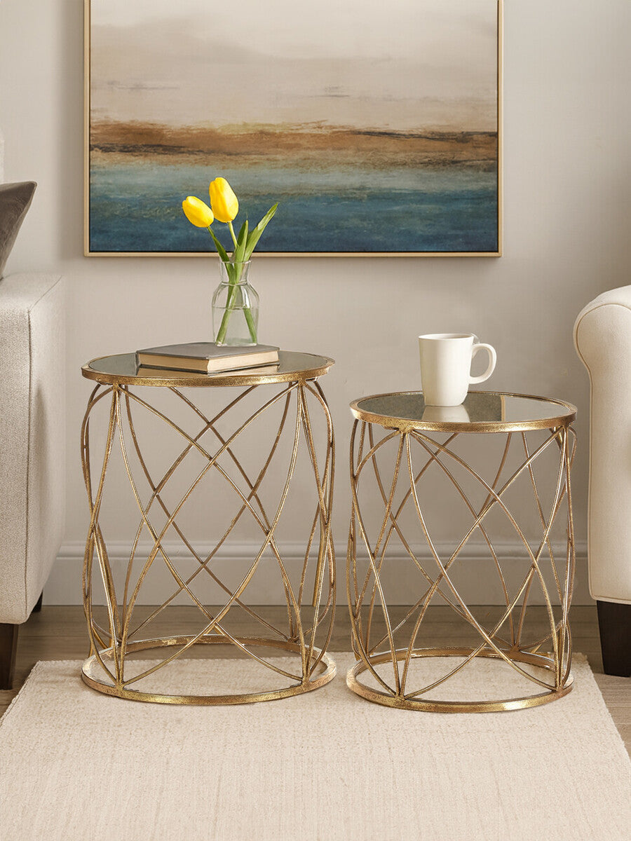 Set of 2 Round Mirrored Glass Top Side Tables with Gold Metal Frame
