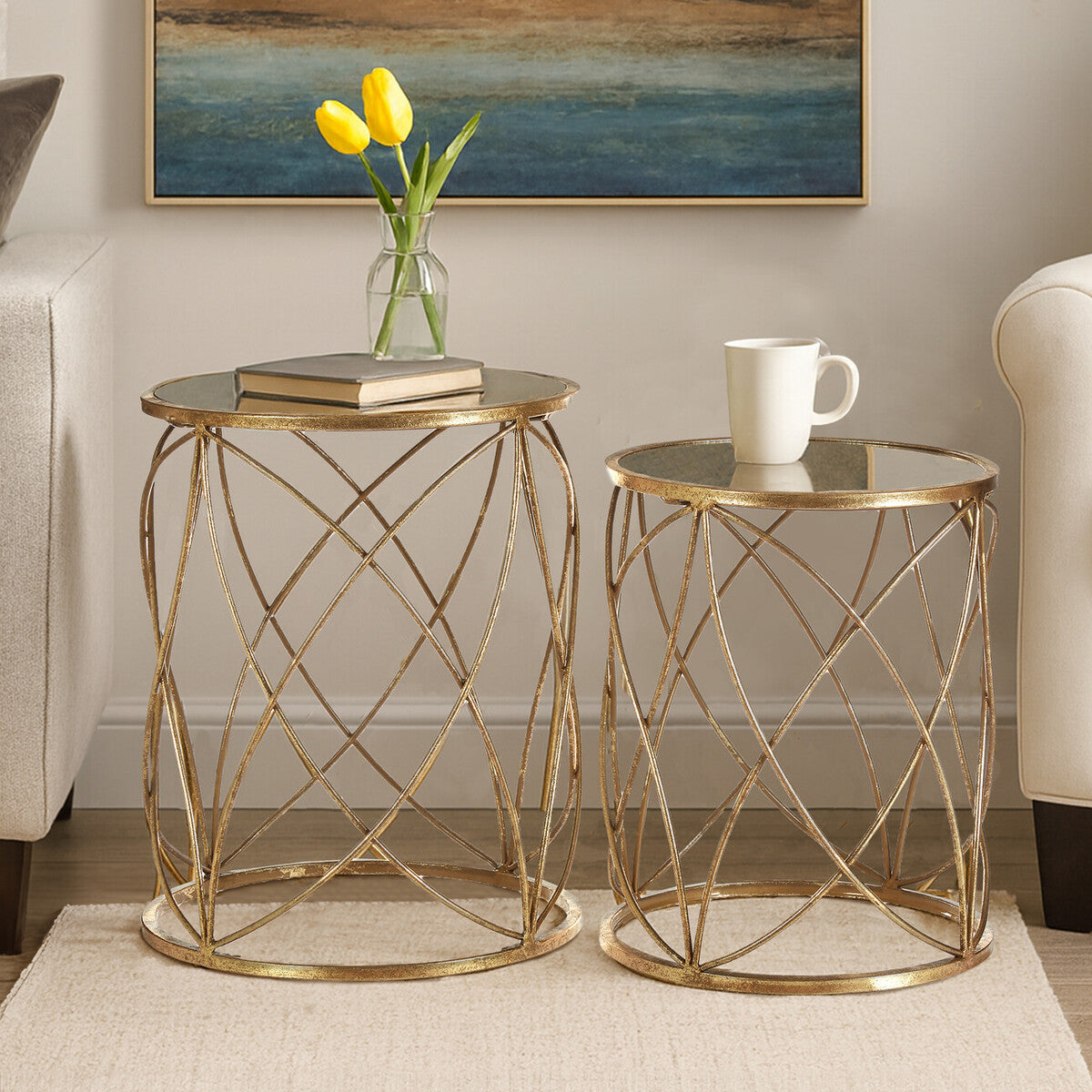 Set of 2 Round Mirrored Glass Top Side Tables with Gold Metal Frame