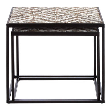 Set of 2 Natural Wood Geometric Nesting Side Tables with Black Metal Frame