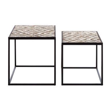 Set of 2 Natural Wood Geometric Nesting Side Tables with Black Metal Frame