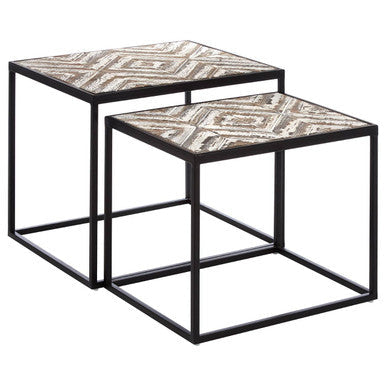 Set of 2 Natural Wood Geometric Nesting Side Tables with Black Metal Frame