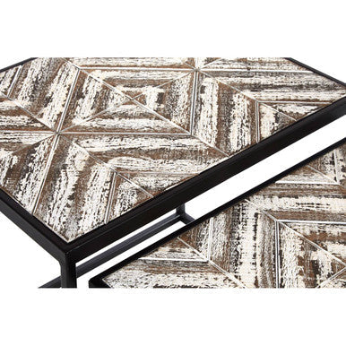 Set of 2 Natural Wood Geometric Nesting Side Tables with Black Metal Frame