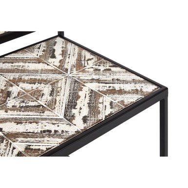 Set of 2 Natural Wood Geometric Nesting Side Tables with Black Metal Frame