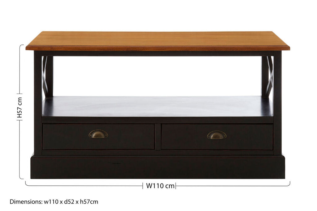 Black Colonial Coffee Table with Storage Drawers and Fir Wood Top