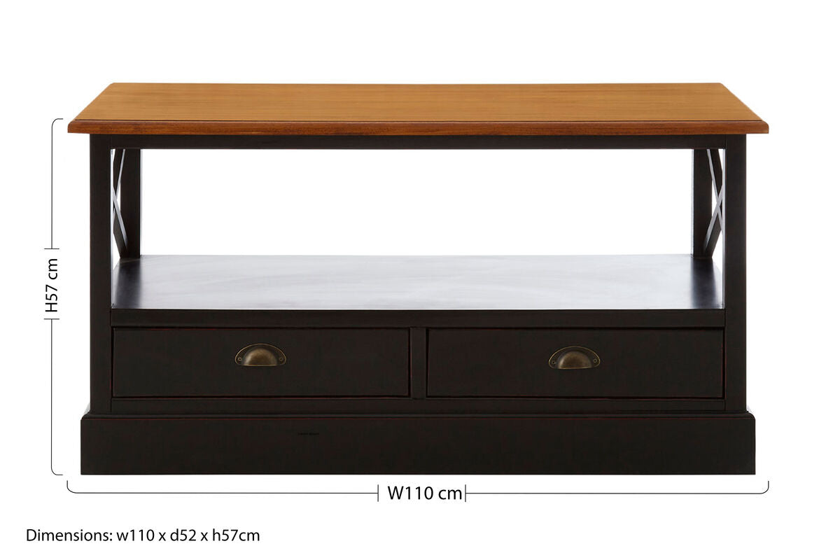 Black Colonial Coffee Table with Storage Drawers and Fir Wood Top
