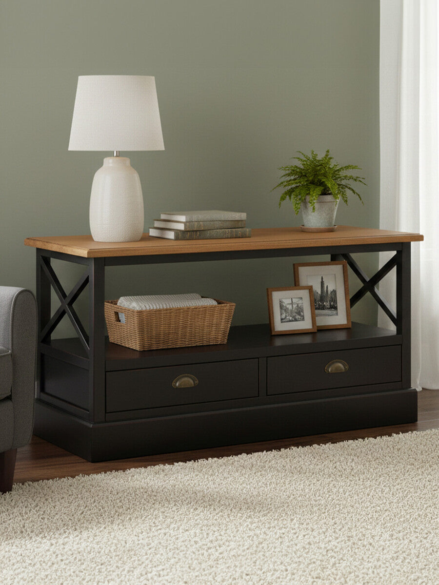 Black Colonial Coffee Table with Storage Drawers and Fir Wood Top