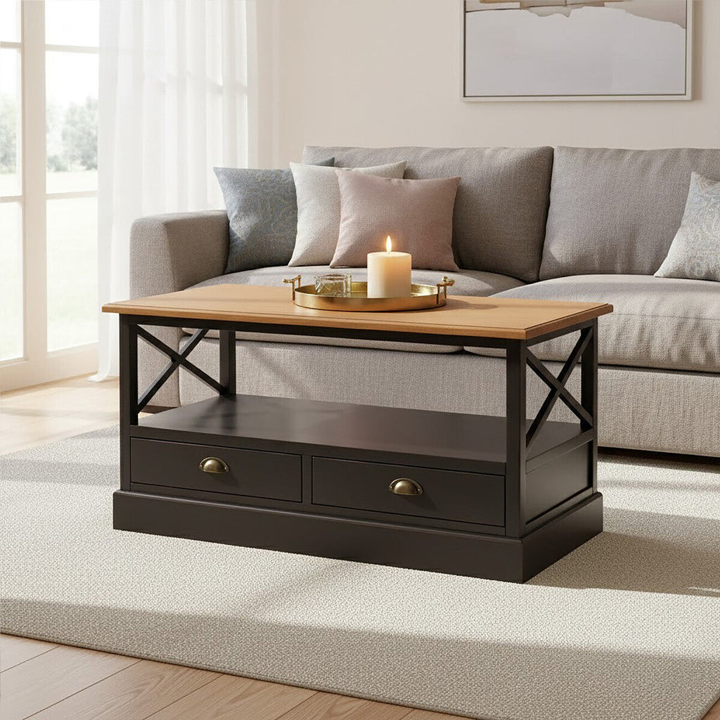 Black Colonial Coffee Table with Storage Drawers and Fir Wood Top