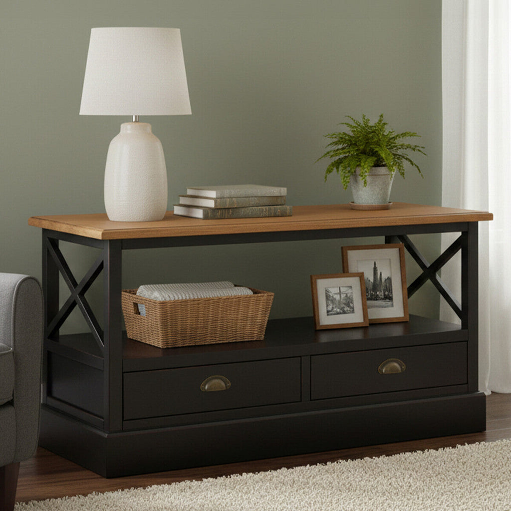 Black Colonial Coffee Table with Storage Drawers and Fir Wood Top