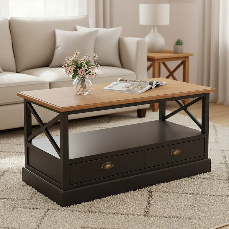 Black Colonial Coffee Table with Storage Drawers and Fir Wood Top