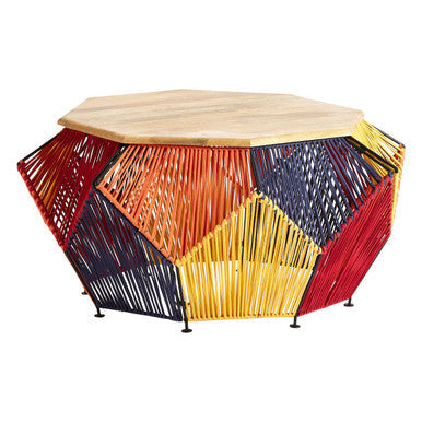 Multicoloured Woven Hexagon Coffee Table with Mango Wood Top