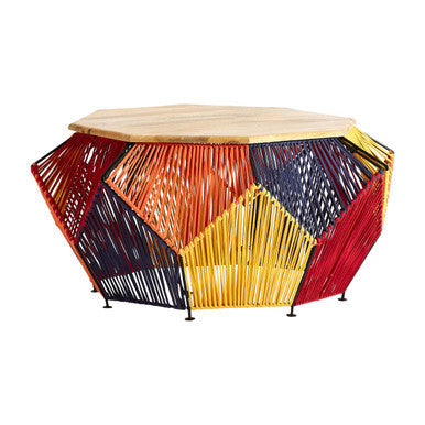Multicoloured Woven Hexagon Coffee Table with Mango Wood Top