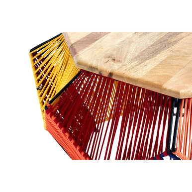 Multicoloured Woven Hexagon Coffee Table with Mango Wood Top