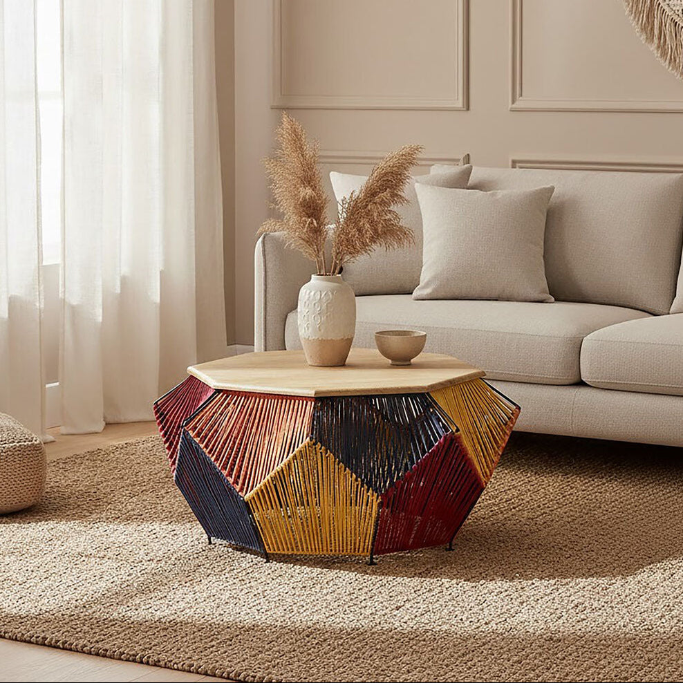 Multicoloured Woven Hexagon Coffee Table with Mango Wood Top
