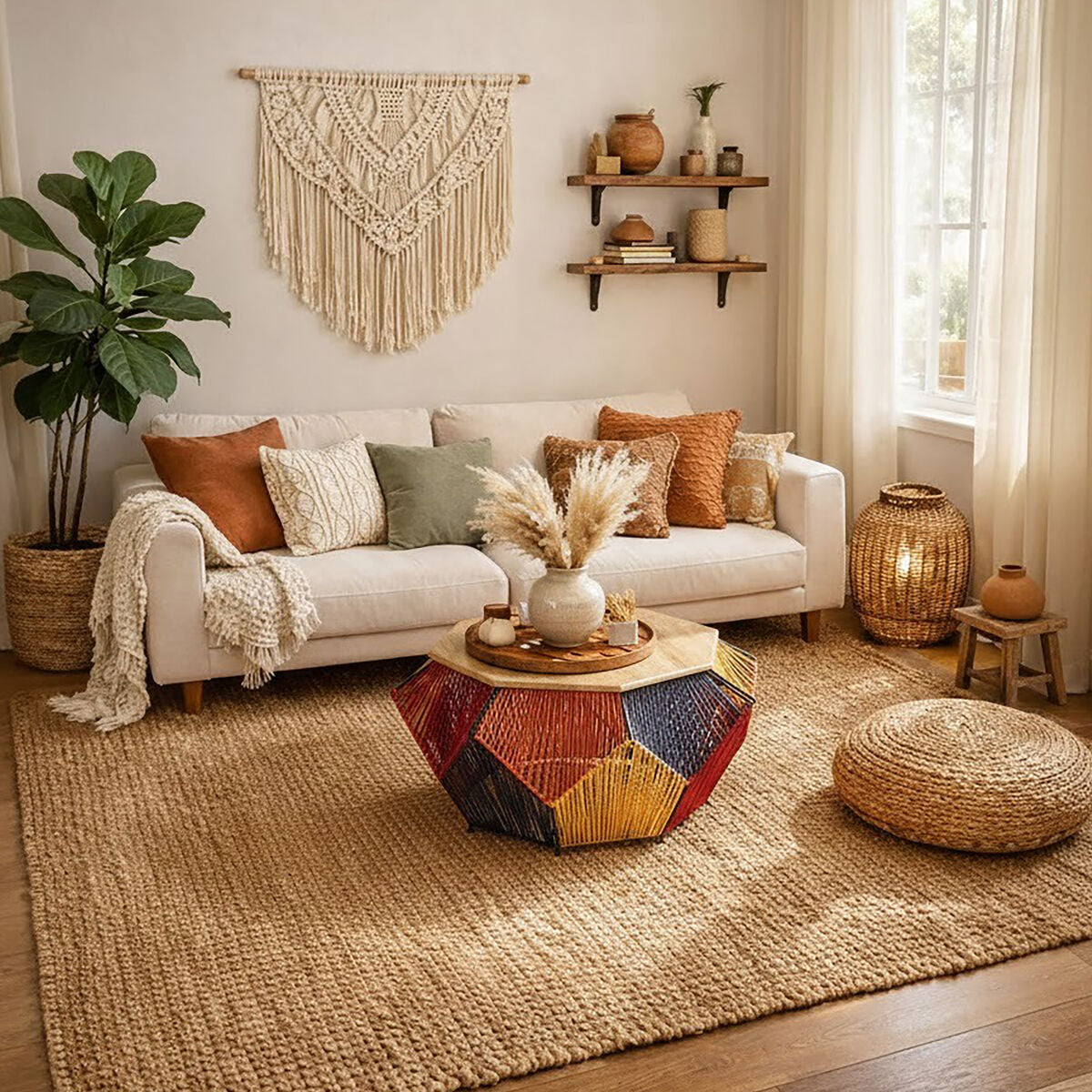 Multicoloured Woven Hexagon Coffee Table with Mango Wood Top