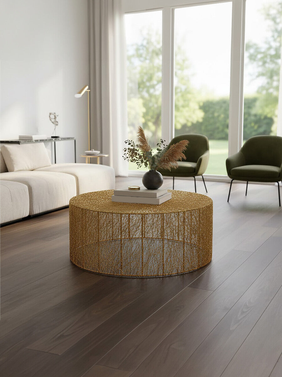 Gold Circular Iron Coffee Table with Vertical Line Frame