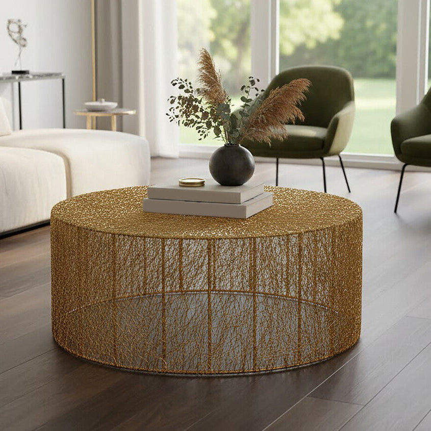Gold Circular Iron Coffee Table with Vertical Line Frame