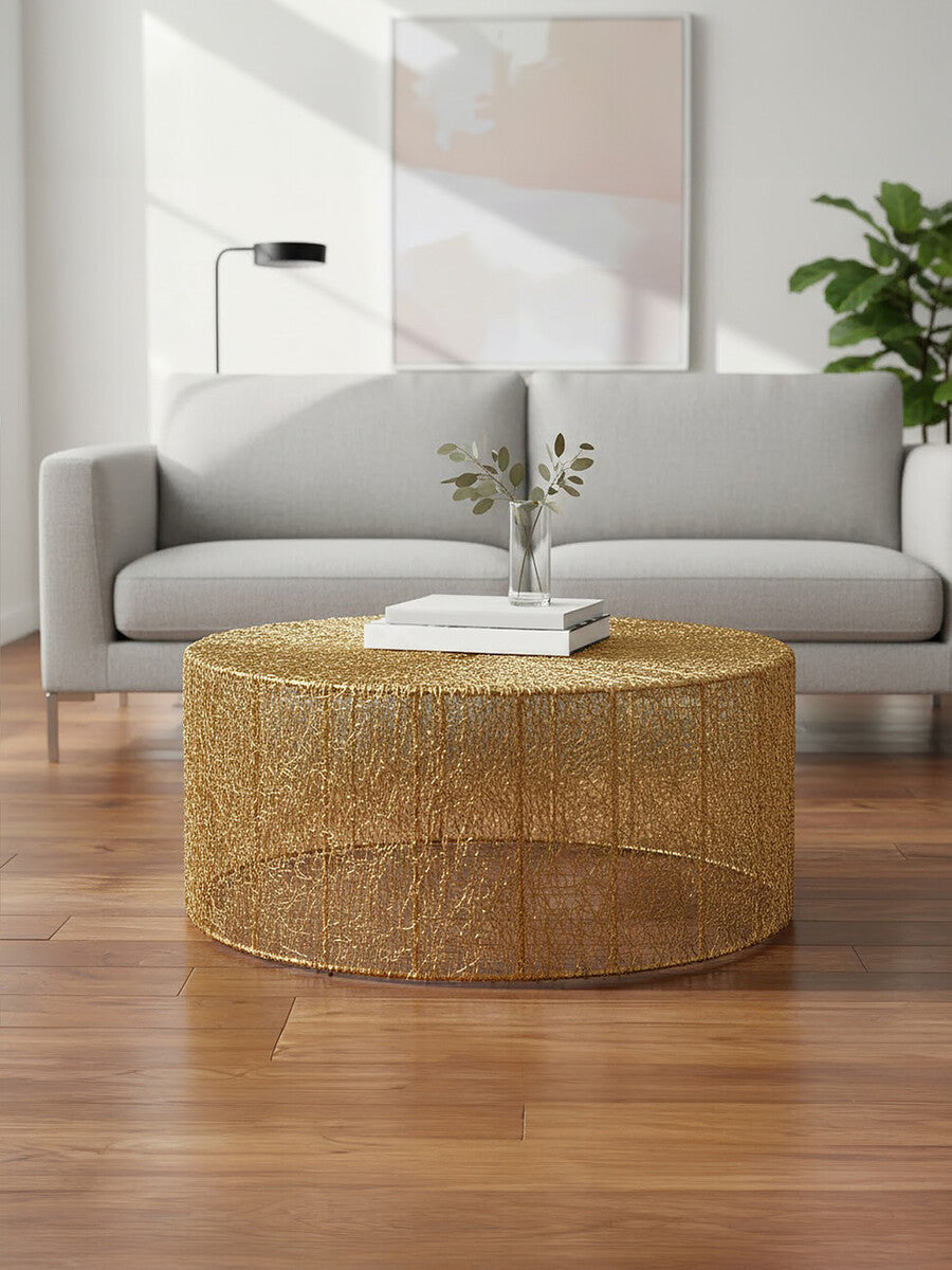 Gold Circular Iron Coffee Table with Vertical Line Frame