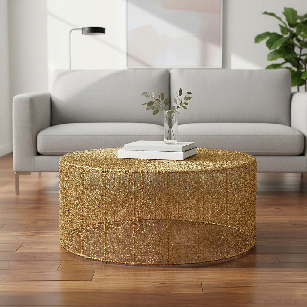 Gold Circular Iron Coffee Table with Vertical Line Frame