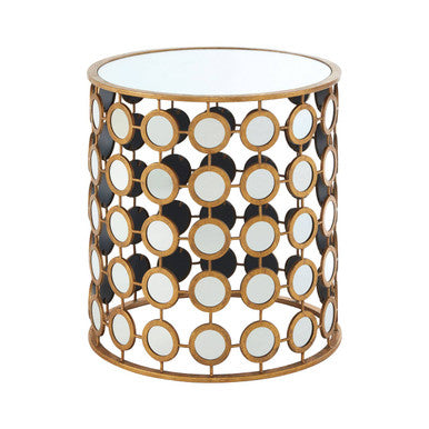 Gold Distressed Metal Mirror Side Table with Circular Mirrored Top