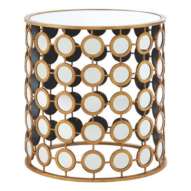 Gold Distressed Metal Mirror Side Table with Circular Mirrored Top