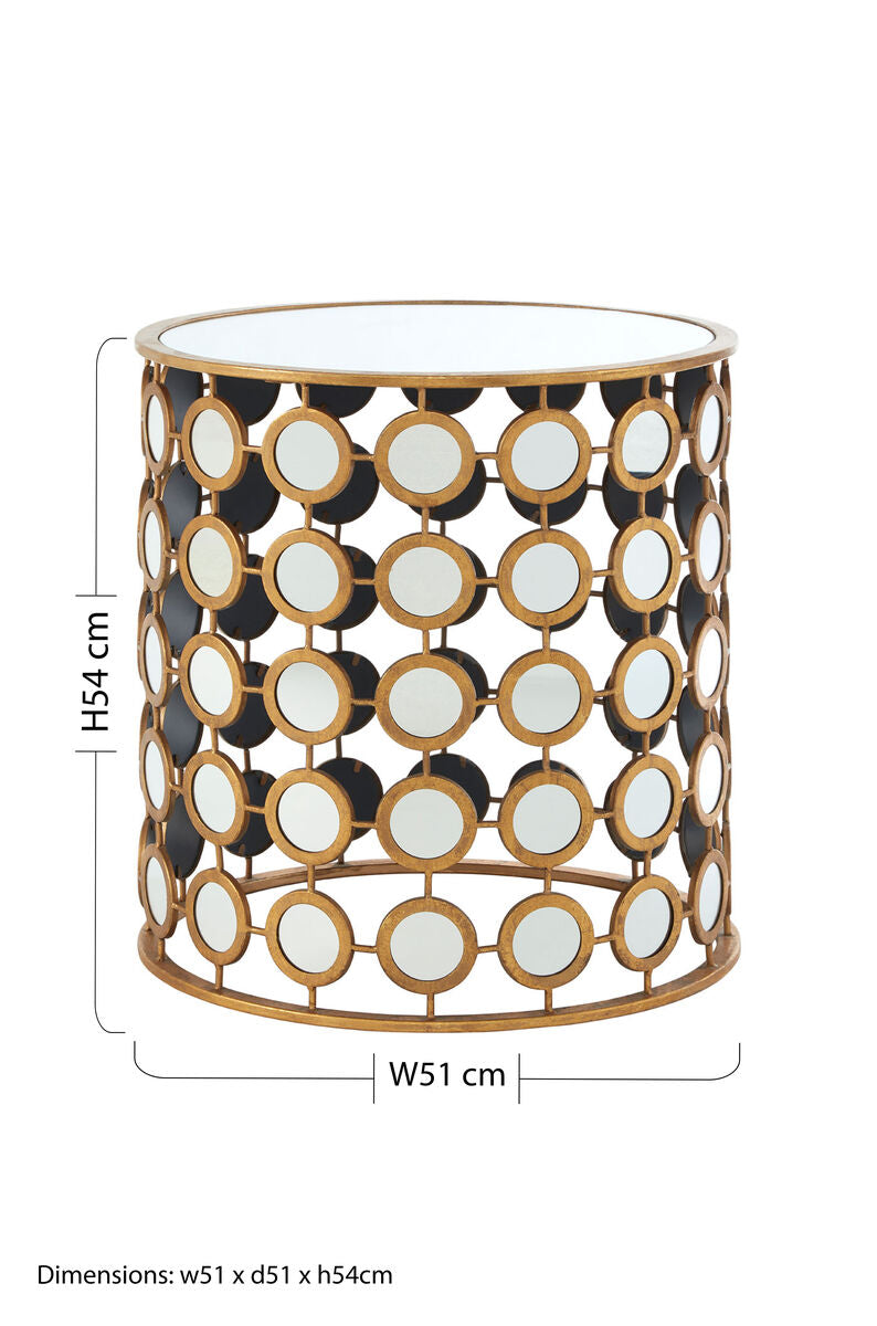 Gold Distressed Metal Mirror Side Table with Circular Mirrored Top