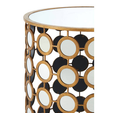 Gold Distressed Metal Mirror Side Table with Circular Mirrored Top
