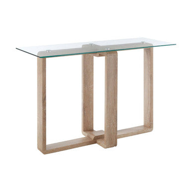 Clear Glass Console Table with Natural Wood Legs