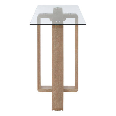 Clear Glass Console Table with Natural Wood Legs