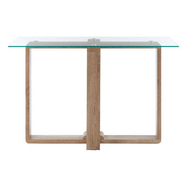 Clear Glass Console Table with Natural Wood Legs