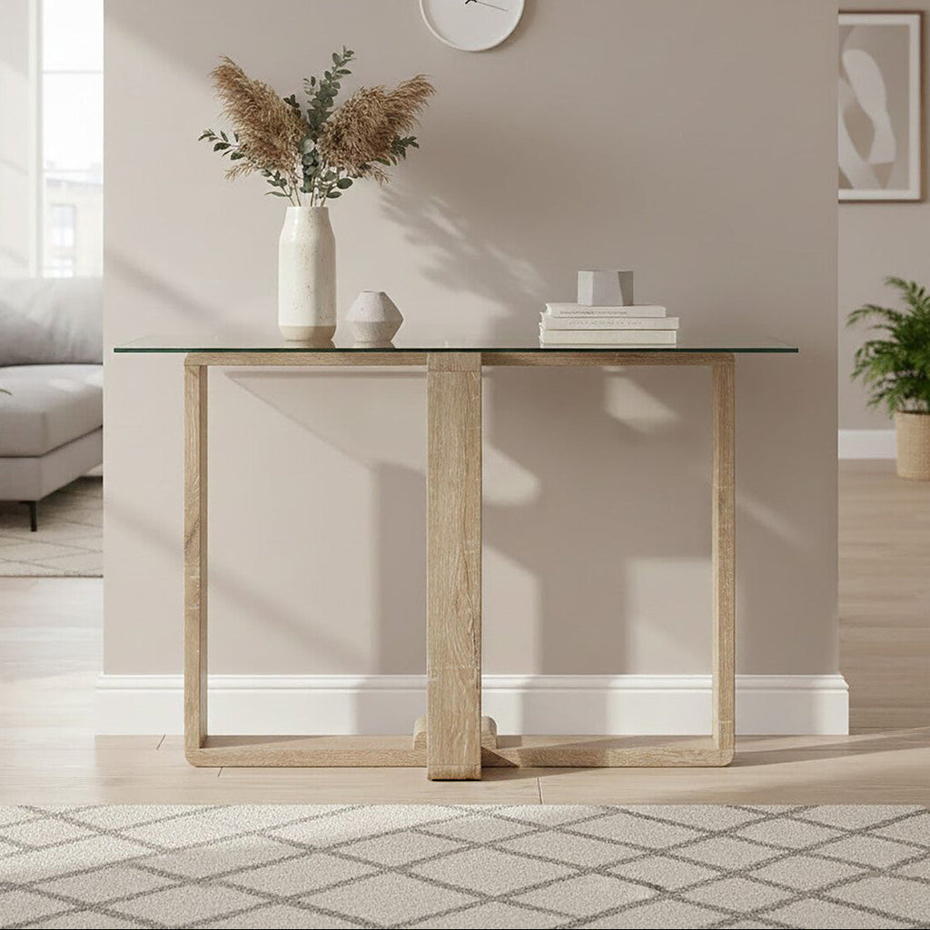 Clear Glass Console Table with Natural Wood Legs