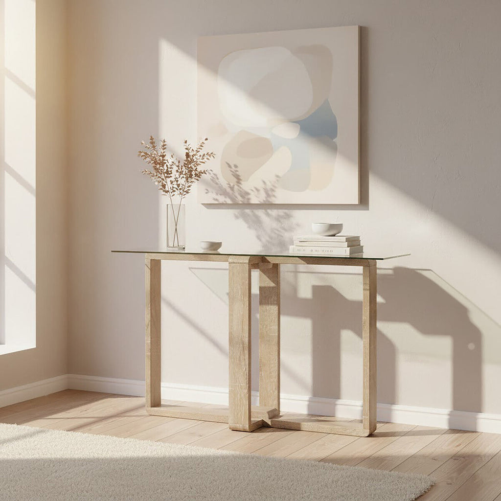 Clear Glass Console Table with Natural Wood Legs