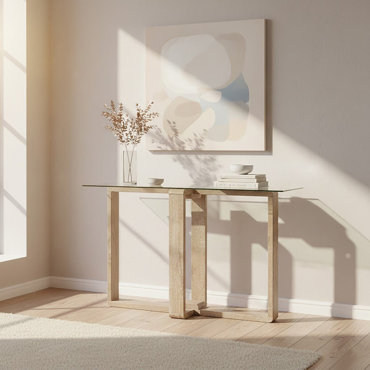 Clear Glass Console Table with Natural Wood Legs