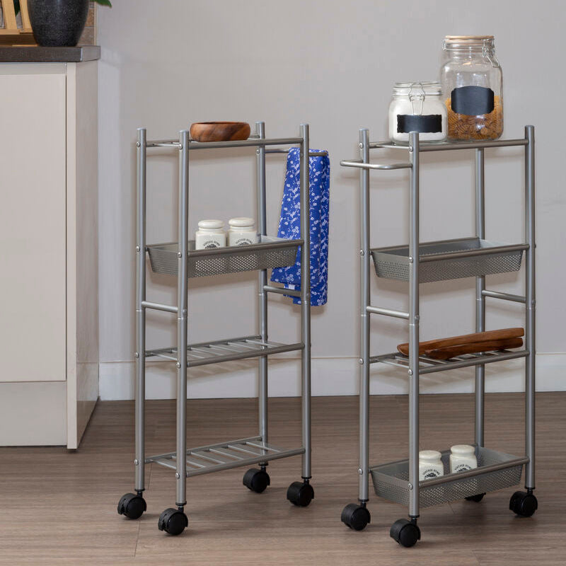 4 Tier Silver Metal Trolley with Basket