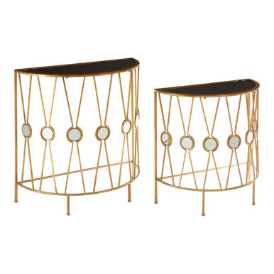 Set of 2 Black Glass Top Console Tables with Gold Cross Frame