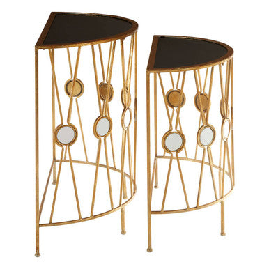 Set of 2 Black Glass Top Console Tables with Gold Cross Frame