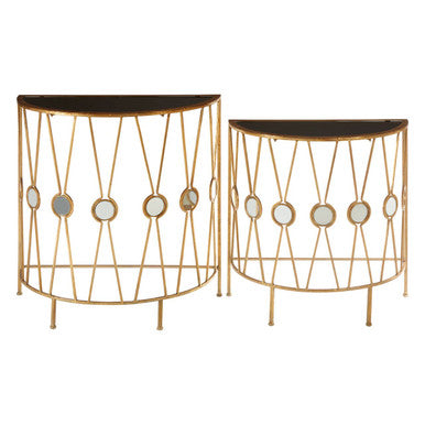 Set of 2 Black Glass Top Console Tables with Gold Cross Frame
