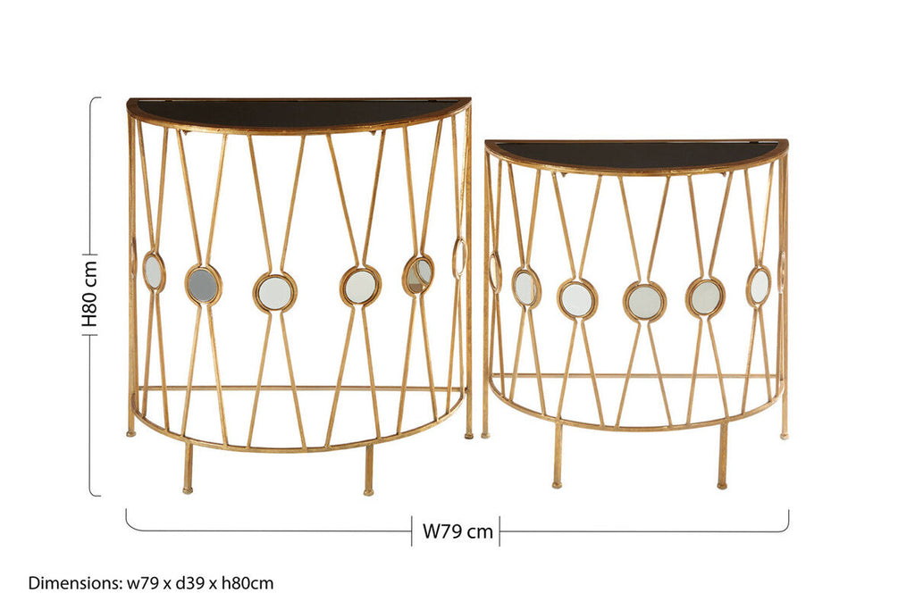Set of 2 Black Glass Top Console Tables with Gold Cross Frame