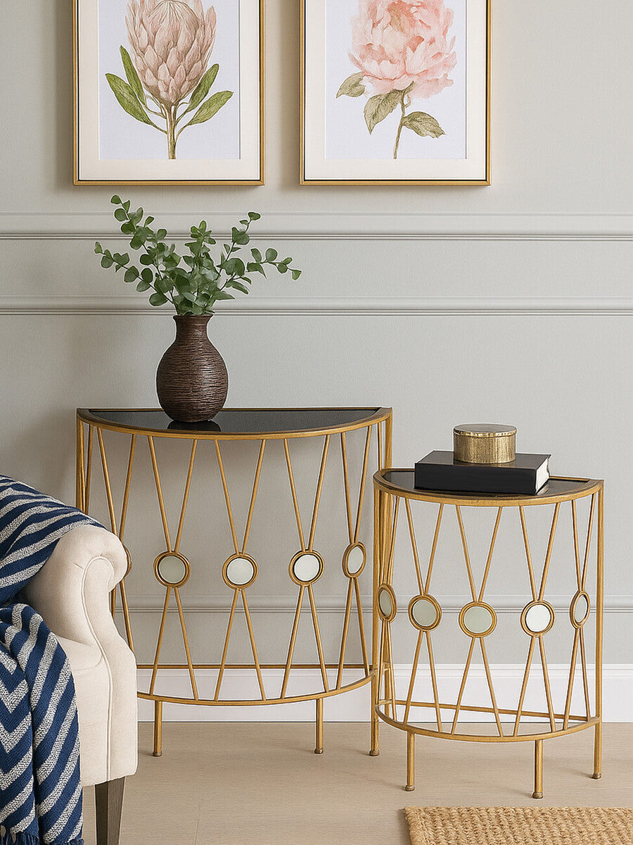 Set of 2 Black Glass Top Console Tables with Gold Cross Frame