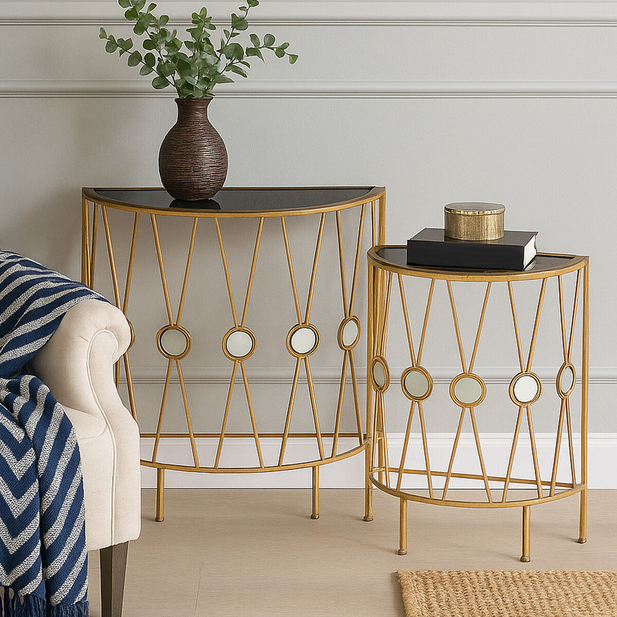 Set of 2 Black Glass Top Console Tables with Gold Cross Frame