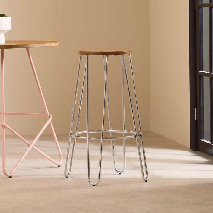 Chrome Hairpin Stool with Elm Seat