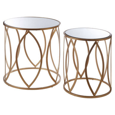 Set of 2 Gold Mirror Top Side Tables with Petal Bases