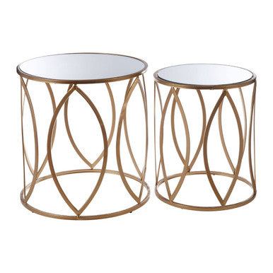 Set of 2 Gold Mirror Top Side Tables with Petal Bases