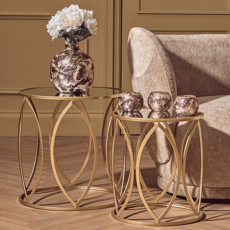 Set of 2 Gold Mirror Top Side Tables with Petal Bases