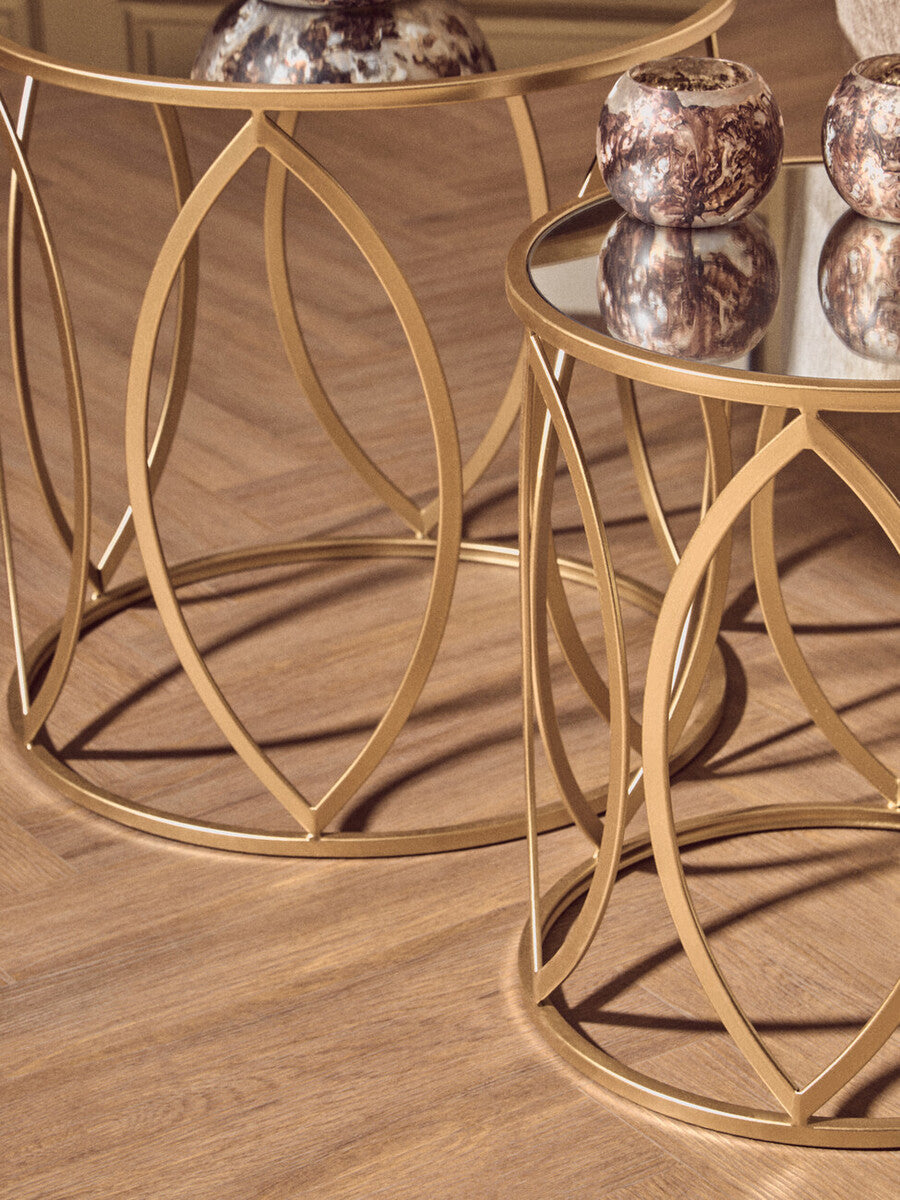 Set of 2 Gold Mirror Top Side Tables with Petal Bases